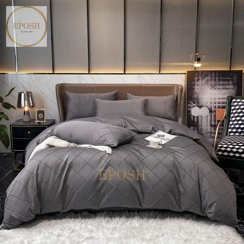 Luxury Satin Cross Pleated Duvet Cover Set-Charcoal Grey