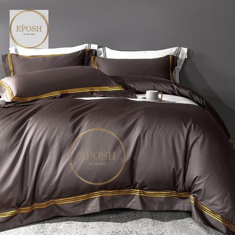 Luxury Satin Bratta Stitch Duvet Cover Set-Chocolate Brown