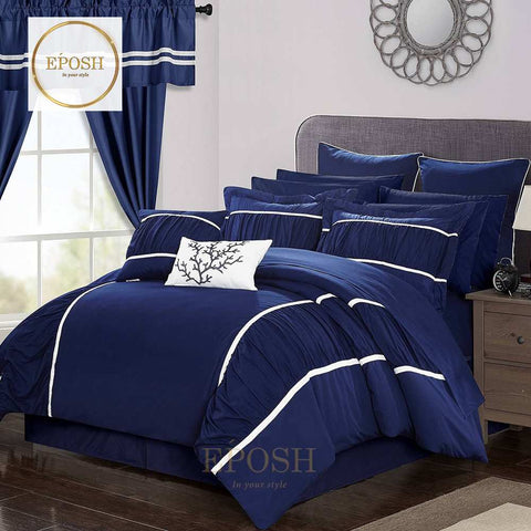Luxury Embellish Ruffled Comforter Set - Navy Blue