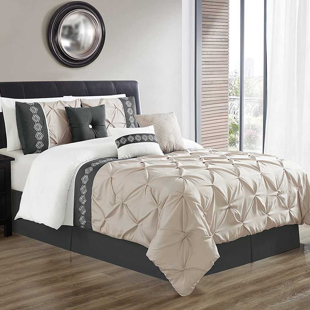 Embroidered Pintuck Duvet 8 Pieces - Cream & Grey