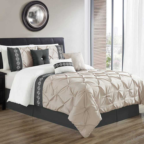Embroidered Pintuck Duvet 8 Pieces - Cream & Grey