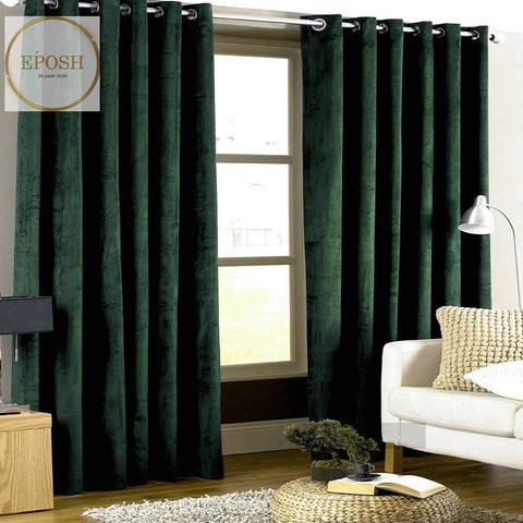 2 Pieces Plain Dyed Velvet Eyelet Curtains-Dark Green