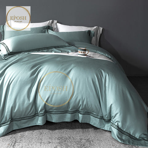 Luxury Satin Bratta Stitch Duvet Cover Set-Duck Egg