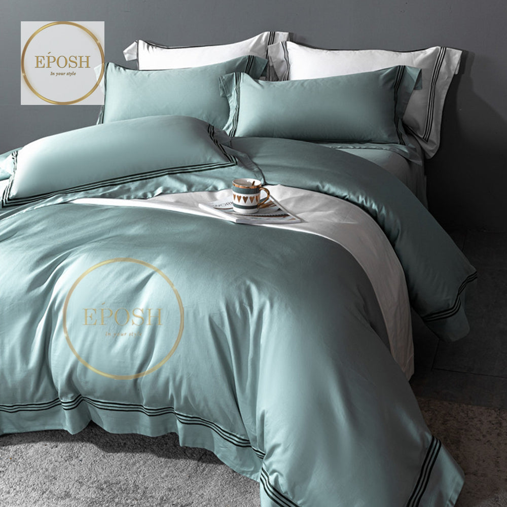 Luxury Satin Bratta Stitch Duvet Cover Set-Duck Egg