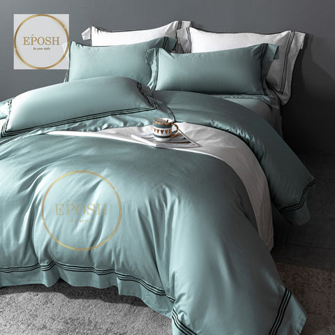 Luxury Satin Bratta Stitch Duvet Cover Set-Duck Egg