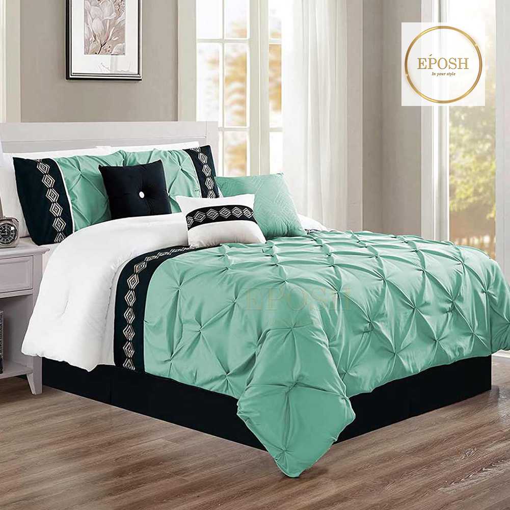 Embroidered Pintuck Duvet 8 Pieces - turquoise & Black