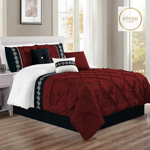 Embroidered Pintuck Duvet 8 Pieces - Maroon & Black