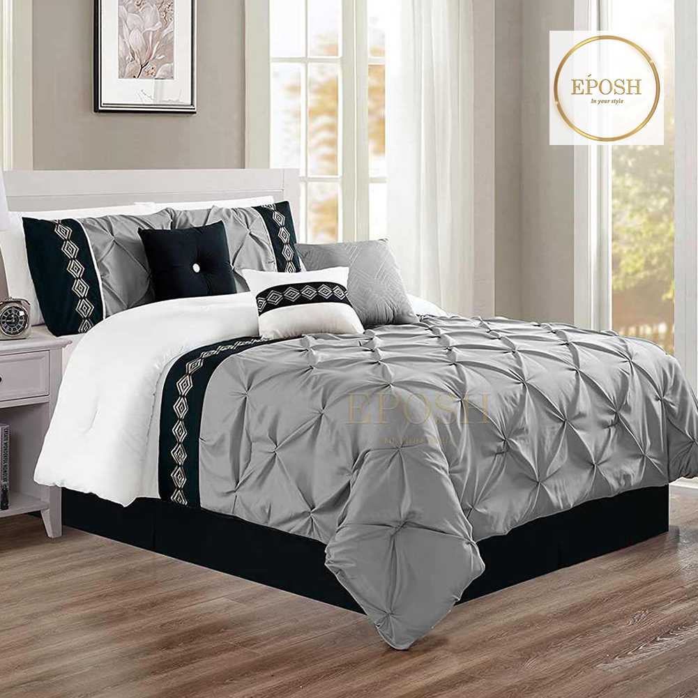 Embroidered Pintuck Duvet 8 Pieces - Silver Grey & Black