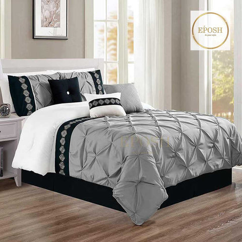 Embroidered Pintuck Duvet 8 Pieces - Silver Grey & Black