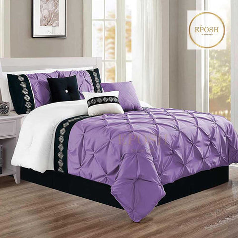 Embroidered Pintuck Duvet 8 Pieces - Light Purple & Black
