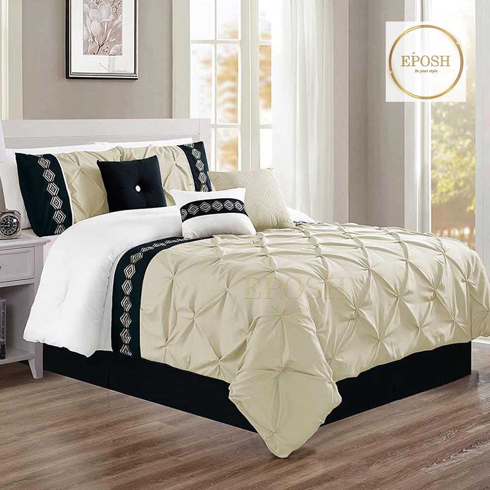 Embroidered Pintuck Duvet 8 Pieces - Cream & Black