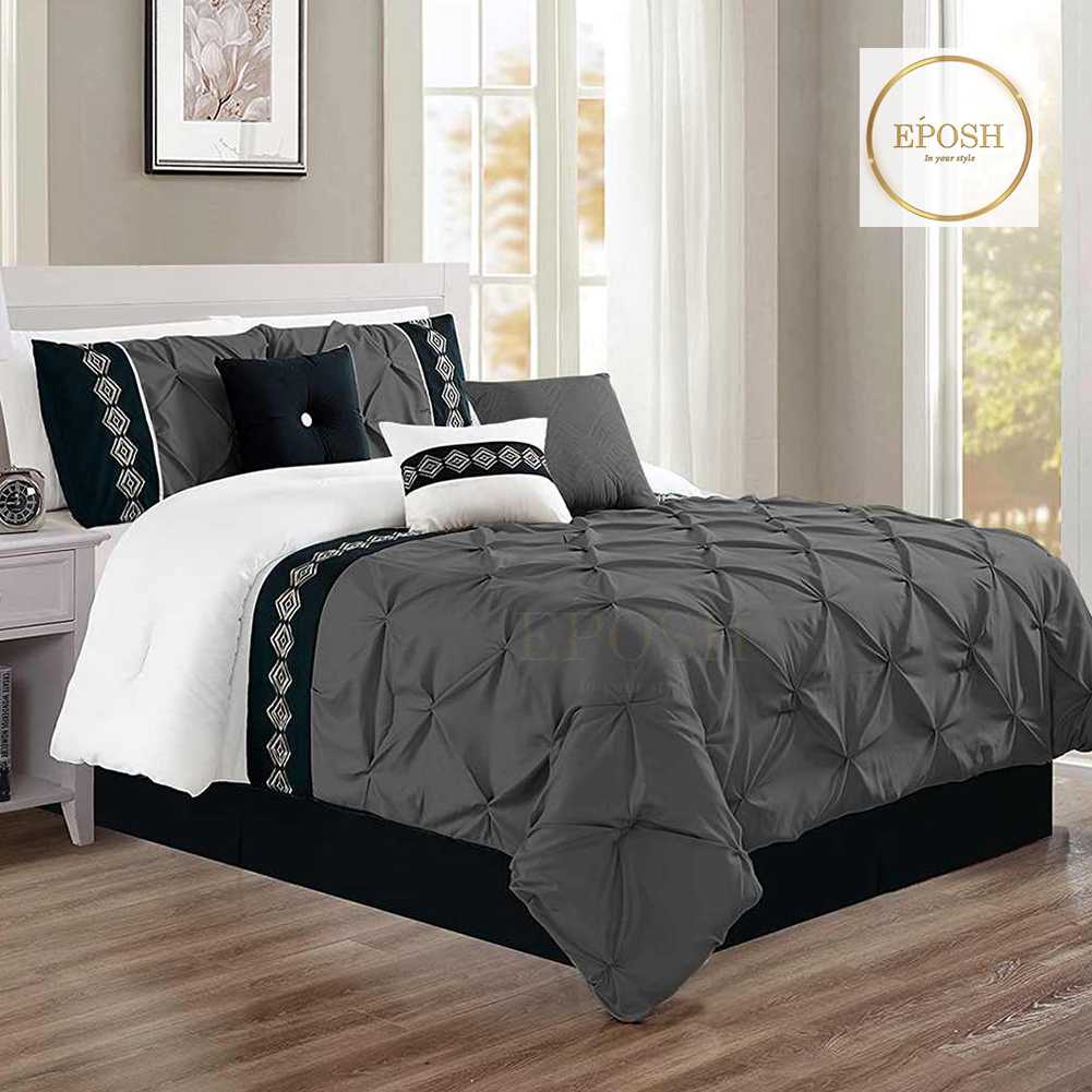 Embroidered Pintuck Duvet 8 Pieces - Charcoal Grey & Black