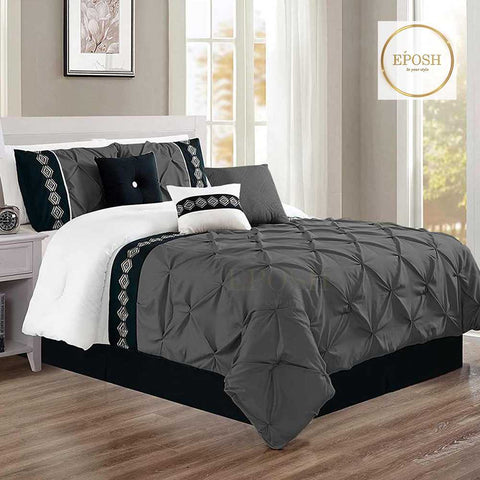Embroidered Pintuck Duvet 8 Pieces - Charcoal Grey & Black