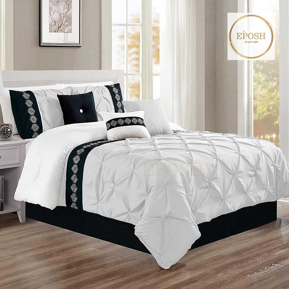 Embroidered Pintuck Duvet 8 Pieces - White & Black