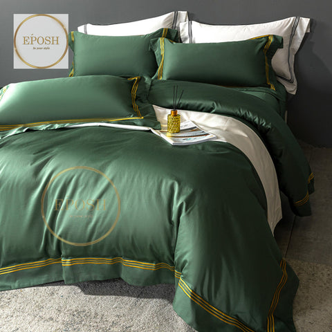 Luxury Satin Bratta Stitch Duvet Cover Set-Green