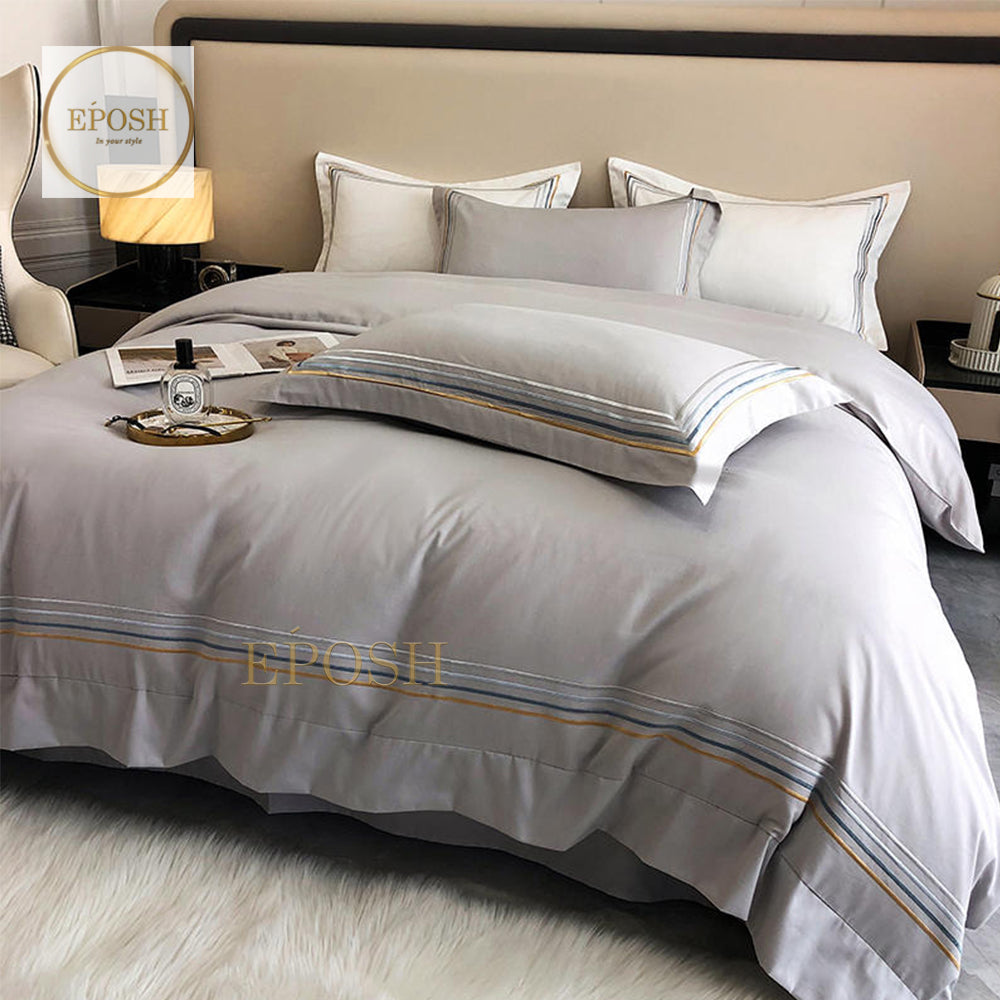 Luxury Satin Bratta Stitch Duvet Cover Set-Grey