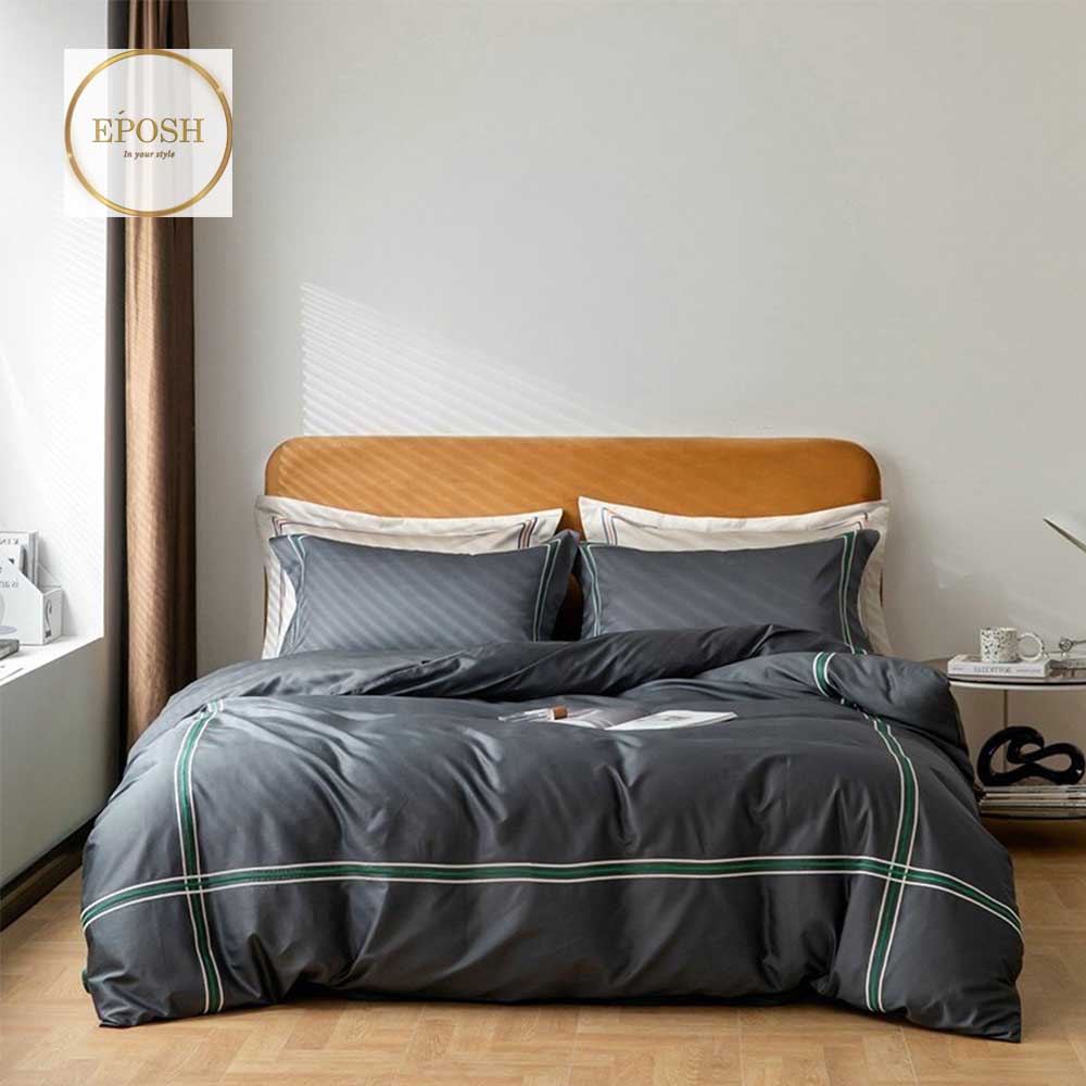 Luxury Satin Bratta Stitch Duvet Cover Set-Charcoal Grey