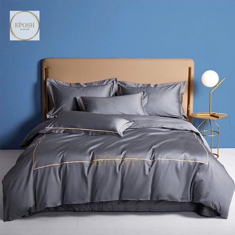 Luxury Satin One Line Bratta Stitch Duvet Cover Set-Charcoal Grey