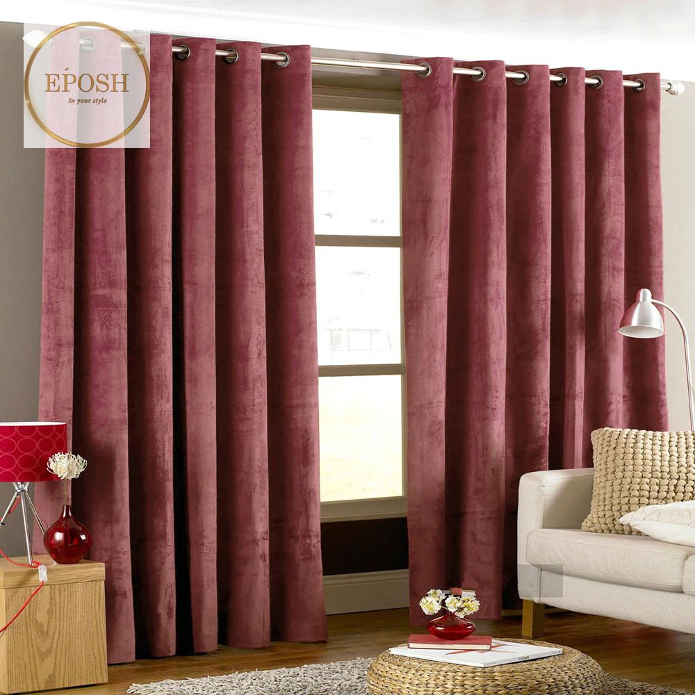 2 Pieces Plain Dyed Velvet Eyelet Curtains-Burgundy