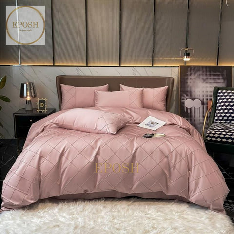Luxury Satin Cross Pleated Duvet Cover Set-Light Pink