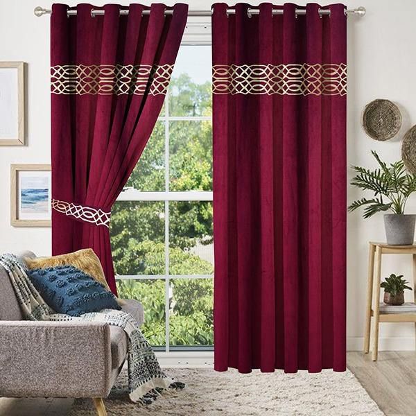 2 Pieces Luxury Crocodile Velvet Curtain Panels with 2 belts-Maroon