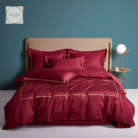 Luxury Satin One Line Bratta Stitch Duvet Cover Set-Maroon