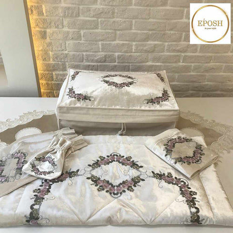 Islamic Embroidered White Prayer Mat set