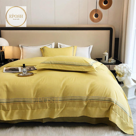 Luxury Satin Bratta Stitch Duvet Cover Set-Mustard