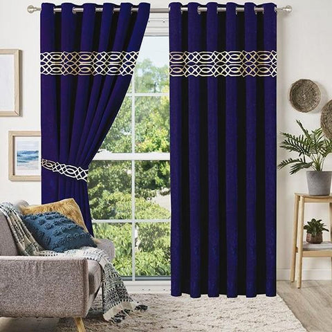 2 Pieces Luxury Crocodile  Velvet Curtain Panels with 2 belts-Navy