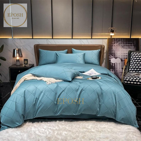 Luxury Satin Cross Pleated Duvet Cover Set-Ocean Blue