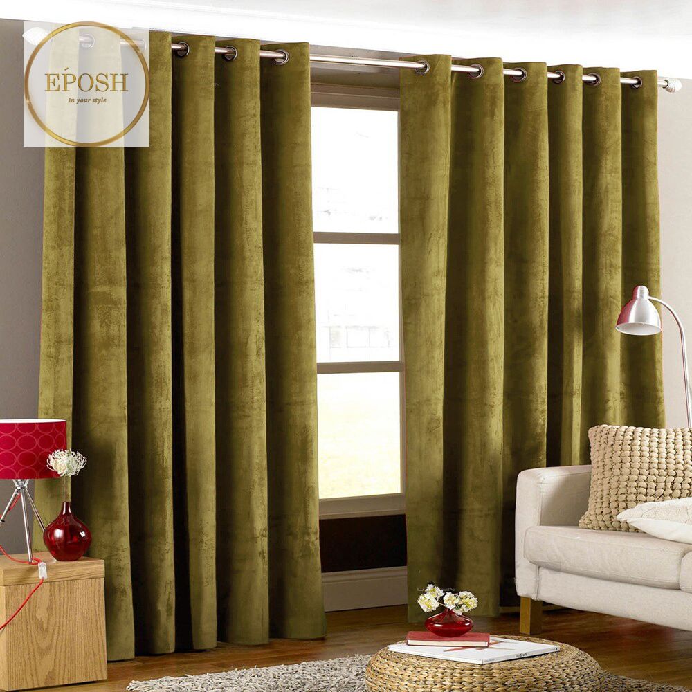 2 Pieces Plain Dyed Velvet Eyelet Curtains-Olive Green