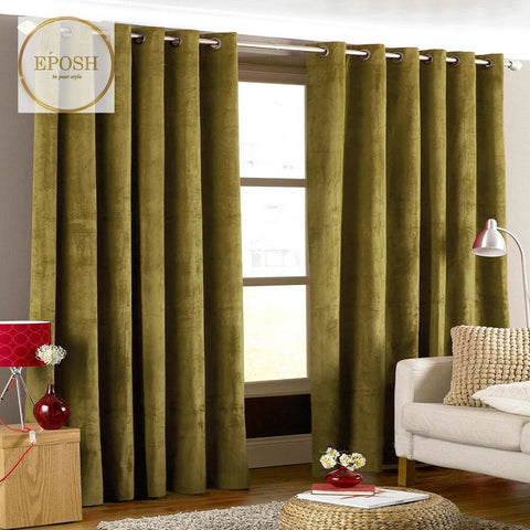 2 Pieces Plain Dyed Velvet Eyelet Curtains-Olive Green