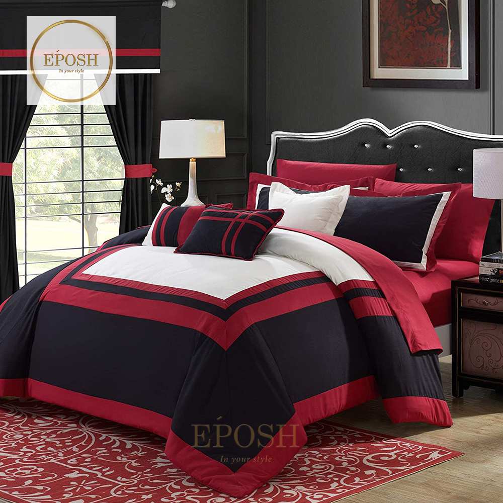 Embellish Patch Pleated Duvet Set - Red & Black