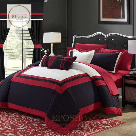 Embellish Patch Pleated Duvet Set - Red & Black
