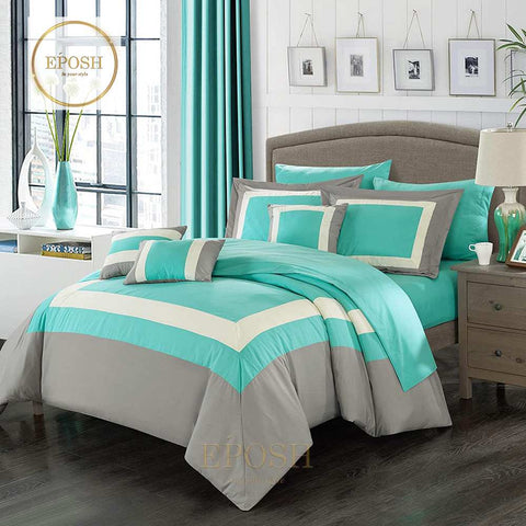 Embellish Patch Pleated Duvet Set - Turquoise & Grey