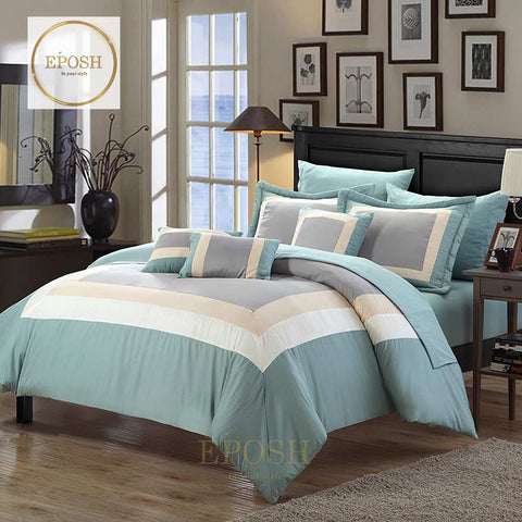 Embellish Patch Pleated Duvet Set - Pale Teal & Grey
