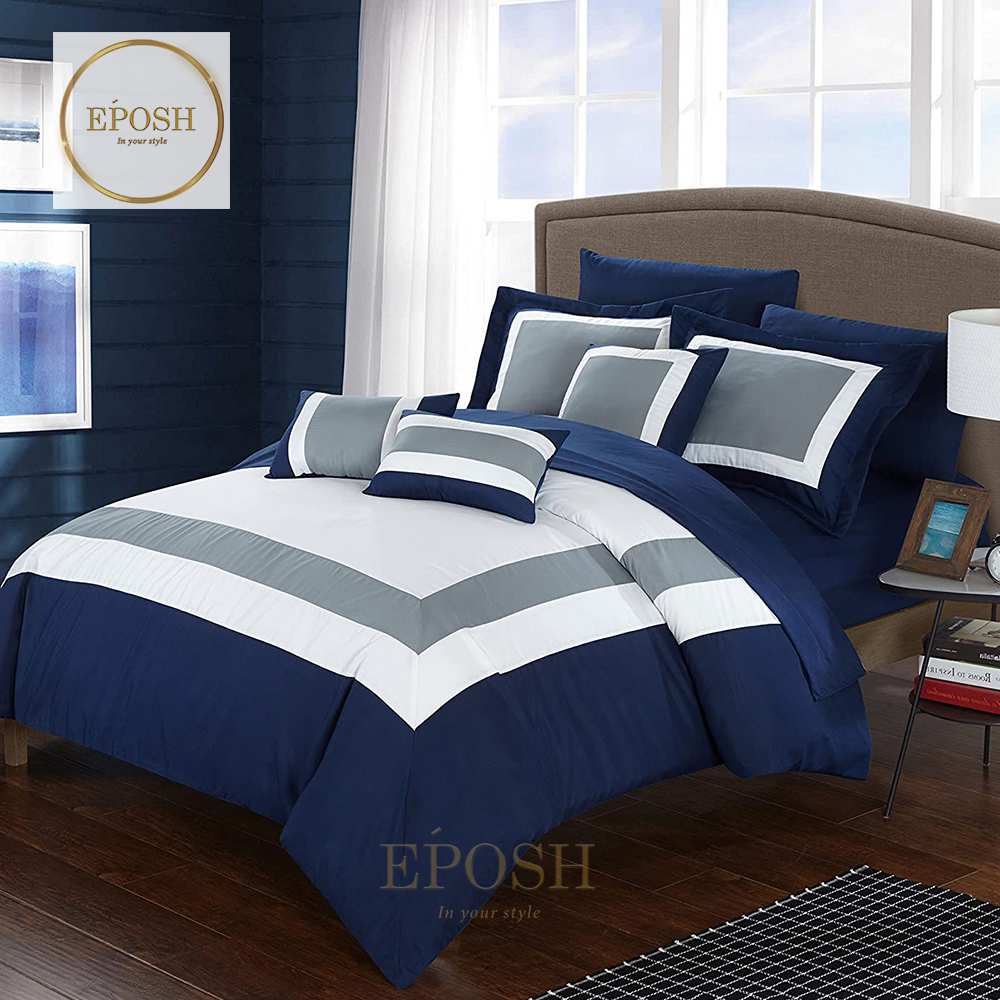 Embellish Patch Pleated Duvet Set - Navy Blue & White