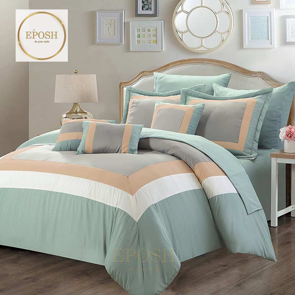 Embellish Patch Pleated Duvet Set - Pale Teal & Grey