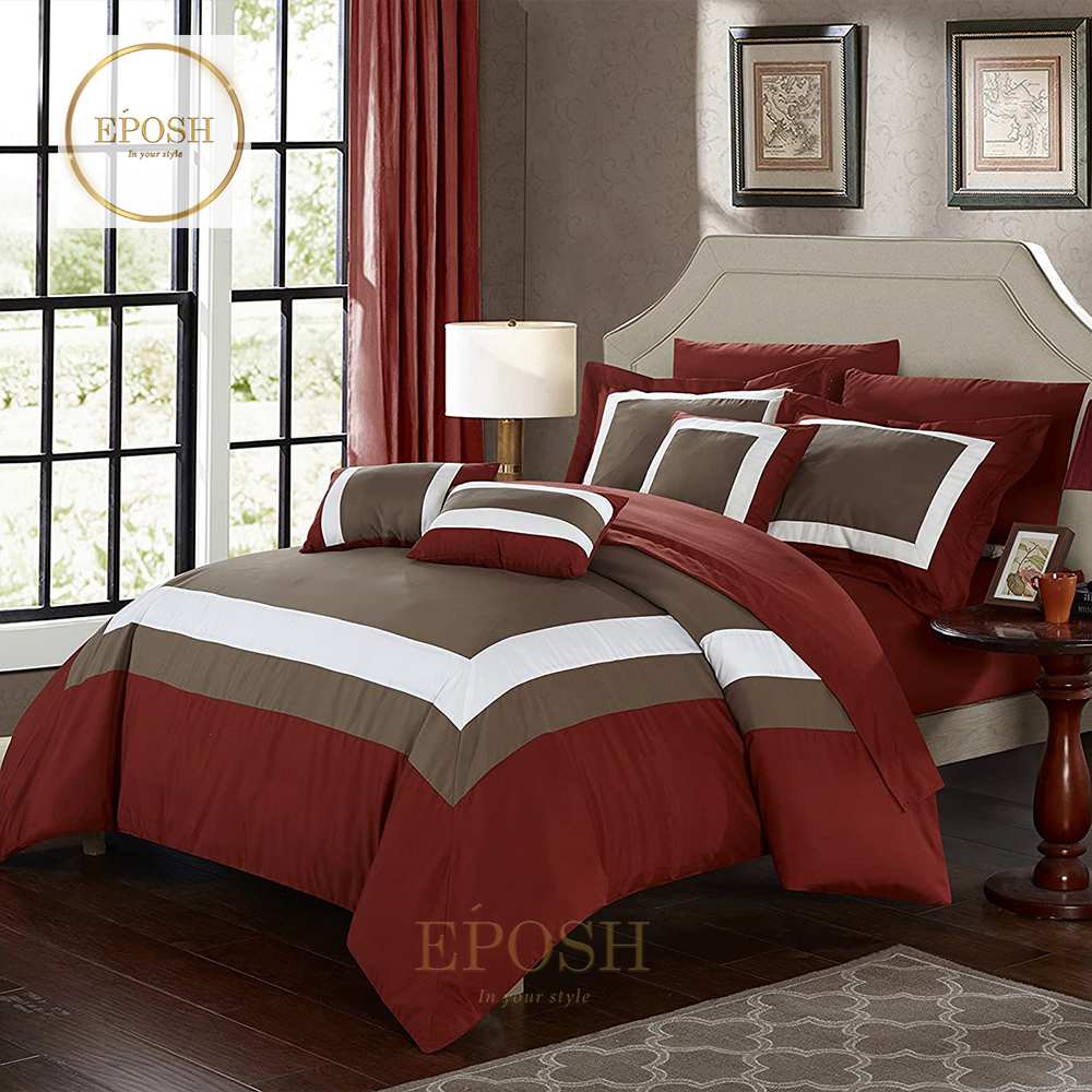 Embellish Patch Pleated Duvet Set - Burgundy & Brown