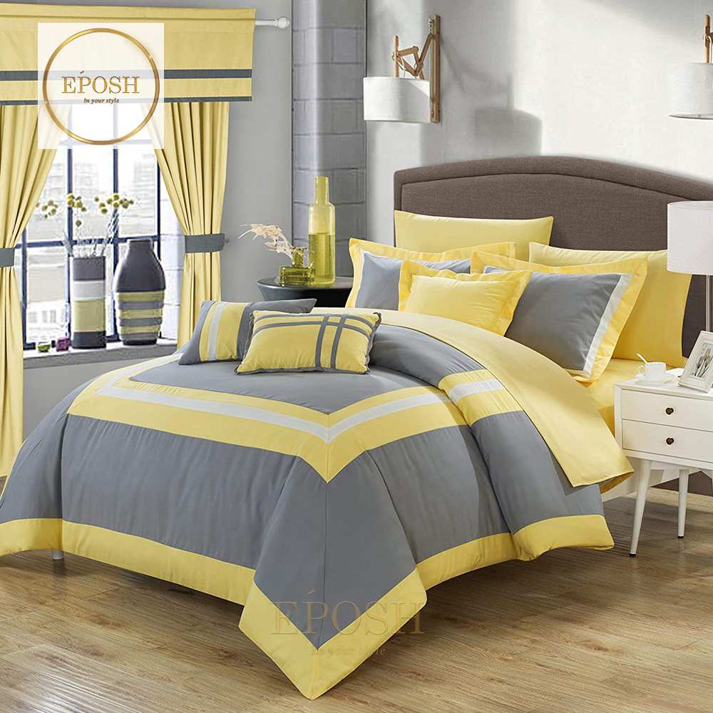 Embellish Patch Pleated Duvet Set - Yellow & Grey