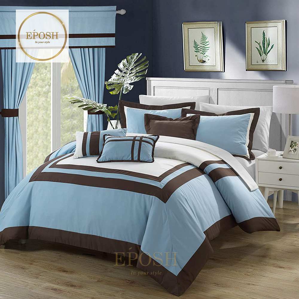 Embellish Patch Pleated Duvet Set - Sky Blue & Brown