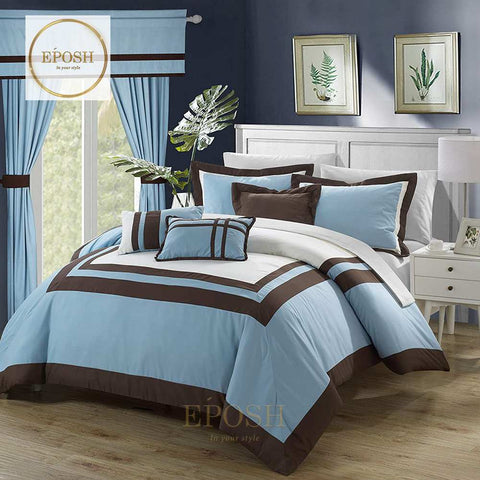 Embellish Patch Pleated Duvet Set - Sky Blue & Brown