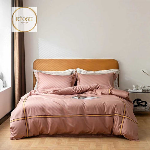 Luxury Satin Bratta Stitch Duvet Cover Set-Peach