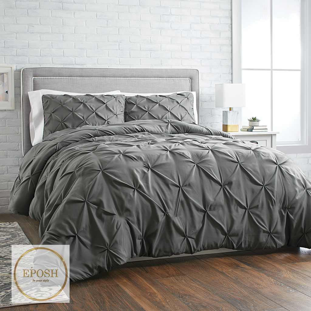 Diamond Pintucks Duvet Set - Charcoal Grey