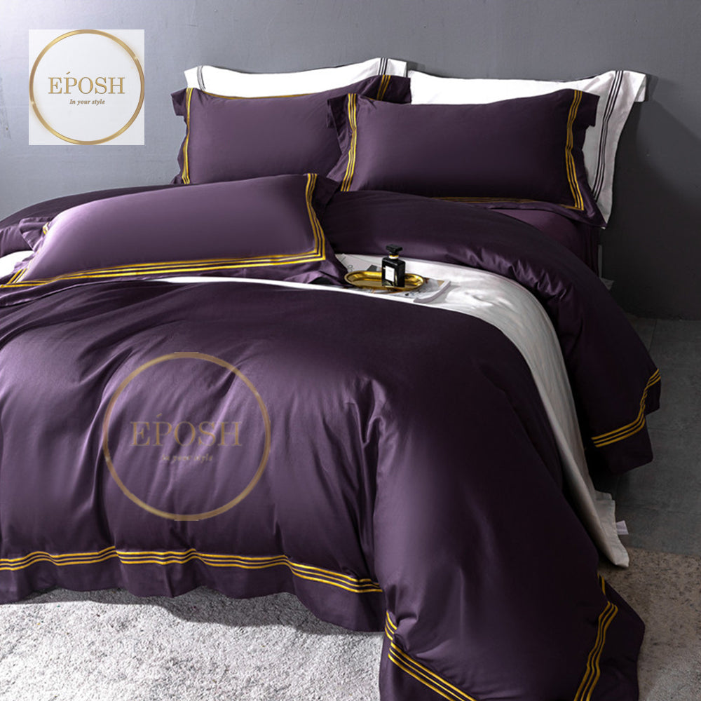 Luxury Satin Bratta Stitch Duvet Cover Set-Purple