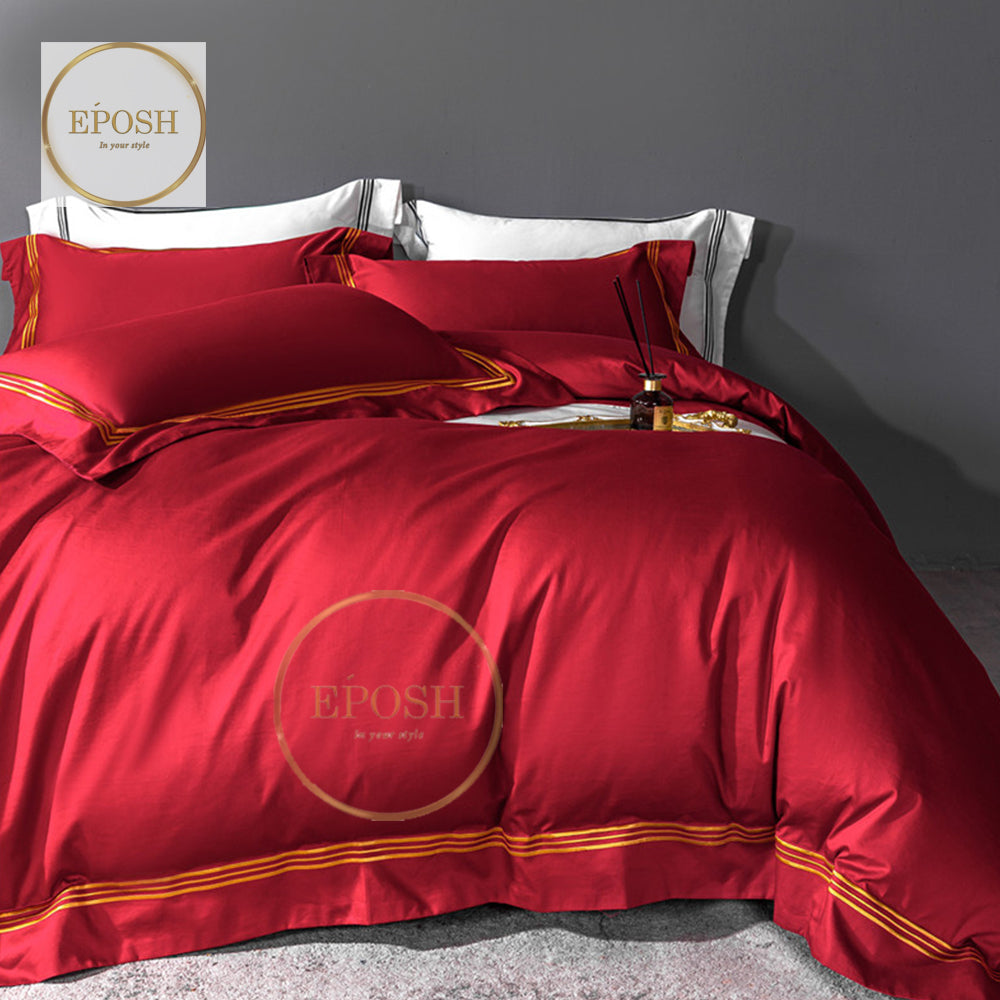 Luxury Satin Bratta Stitch Duvet Cover Set-Red