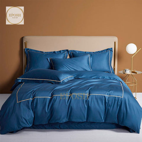 Luxury Satin One Line Bratta Stitch Duvet Cover Set-Royal Blue