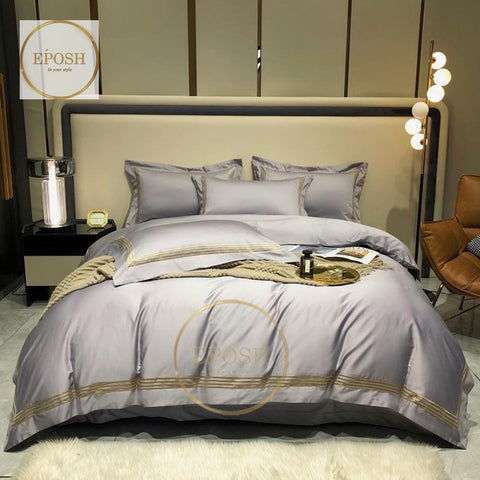 Luxury Satin Bratta Stitch Duvet Cover Set-Silver Grey