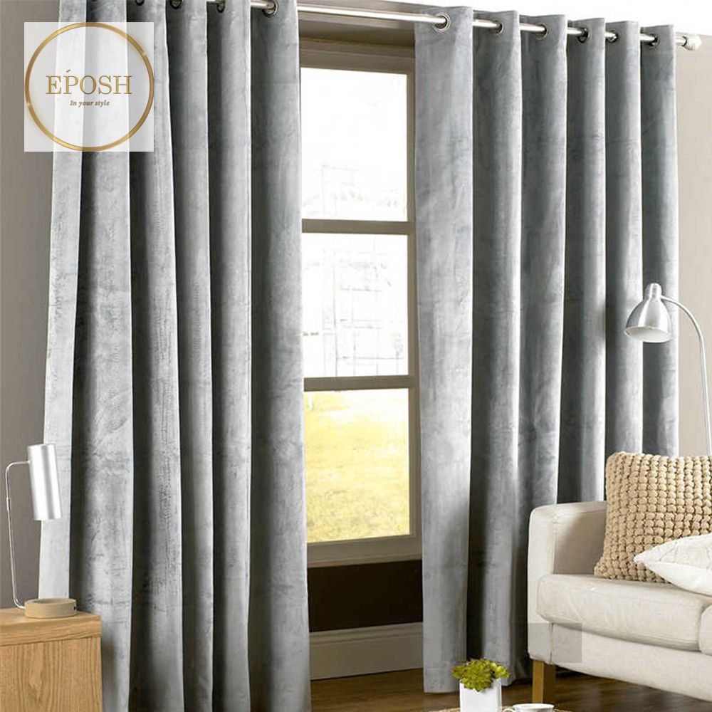 2 Pieces Plain Dyed Velvet Eyelet Curtains-Silver Grey