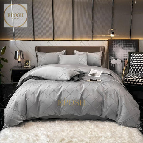 Luxury Satin Cross Pleated Duvet Cover Set-Silver Grey